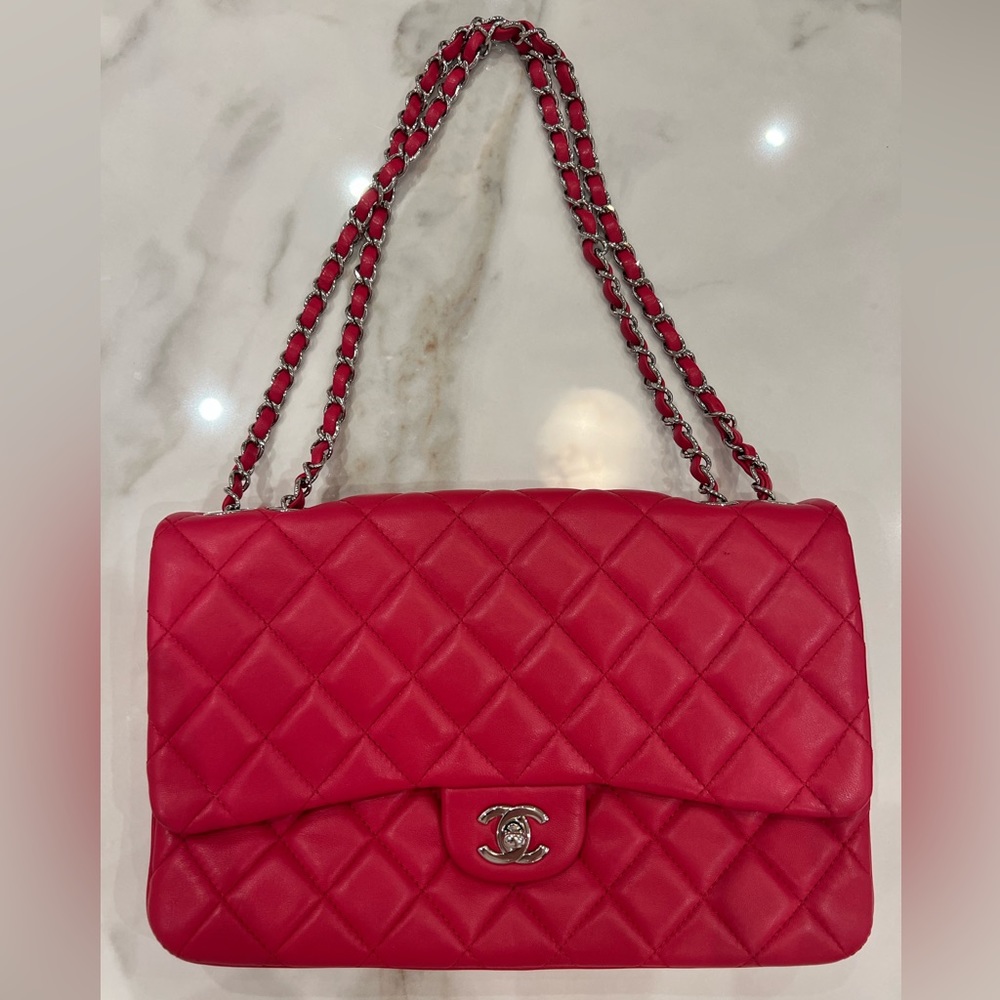 CHANEL Large Classic Double Flap Shoulder Bag in Pink Calfskin